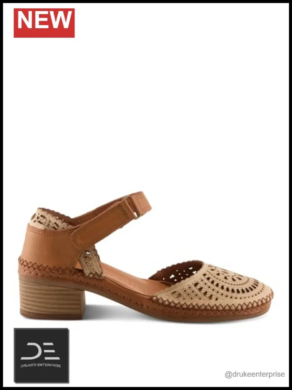 Women's Leather Block Heel Sandals Laser-Cut Cushioned Ankle Strap